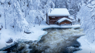 Картинка природа зима дома снег река поток