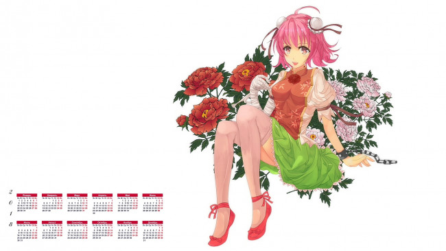 Обои картинки фото календари, аниме, 2018, девушка, взгляд, цветы