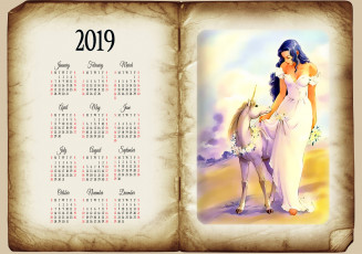 обоя календари, фэнтези, конь, лошадь, венок, девушка, книга, единорог