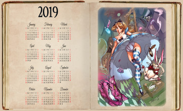обоя календари, фэнтези, кот, девушка, кролик