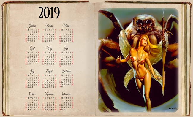 Обои картинки фото календари, фэнтези, девушка, существо, книга