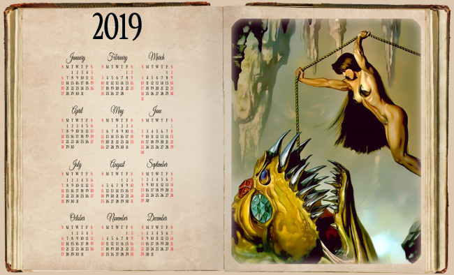 Обои картинки фото календари, фэнтези, монстр, существо, чудовище, девушка