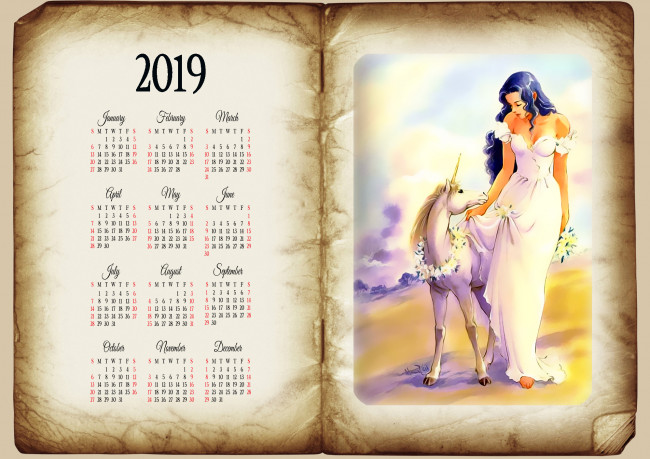 Обои картинки фото календари, фэнтези, конь, лошадь, венок, девушка, книга, единорог