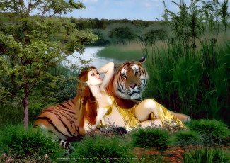 обоя календари, фэнтези, девушка, хищник, тигр, зверь, животное, водоем, растение, природа, calendar, 2020