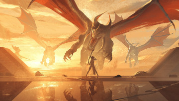 Картинка фэнтези драконы дракон атака девушка с луком