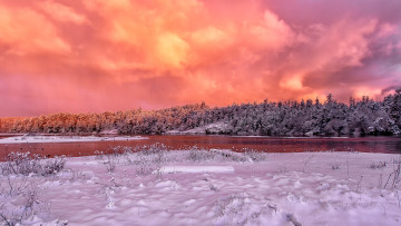 обоя природа, зима, красное, небо, снег
