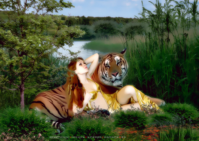 Обои картинки фото календари, фэнтези, девушка, хищник, тигр, зверь, животное, водоем, растение, природа, calendar, 2020