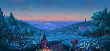 Картинка рисованное денис+истомин девушка тропинка луга панорама