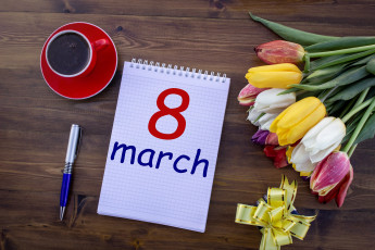 обоя праздничные, международный женский день - 8 марта, блокнот, ручка, кофе, тюльпаны