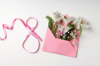 обоя праздничные, международный женский день - 8 марта, лента, конверт, цветы