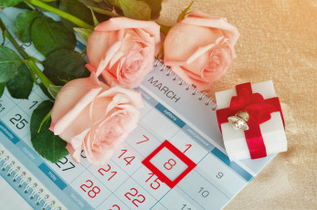 обоя праздничные, международный женский день - 8 марта, розы, календарь, коробочка, подарок