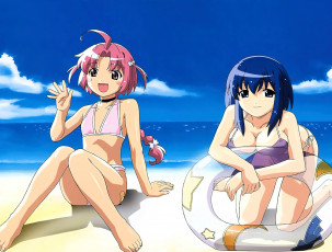 обоя аниме, nurse witch komugi-chan, девочки, купальники, круг, пляж, море