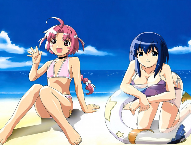 Обои картинки фото аниме, nurse witch komugi-chan, девочки, купальники, круг, пляж, море