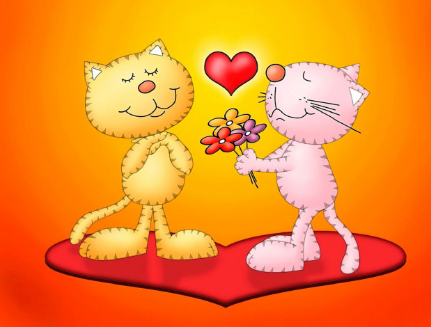 Обои картинки фото рисованное, животные,  коты, кошки, любовь, цветы, сердечки