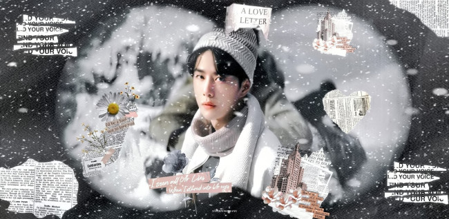 Обои картинки фото мужчины, wang yi bo, актер, лицо, шапка, шарф, снег, обрывки