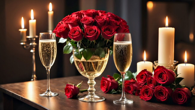 Обои картинки фото еда, напитки, свечи, шампанское, розы