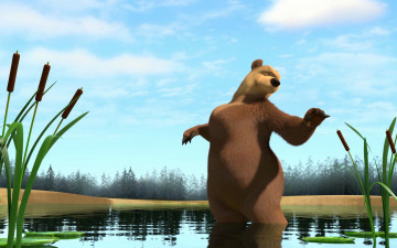 обоя мультфильмы, маша, медведь, камыши, озеро