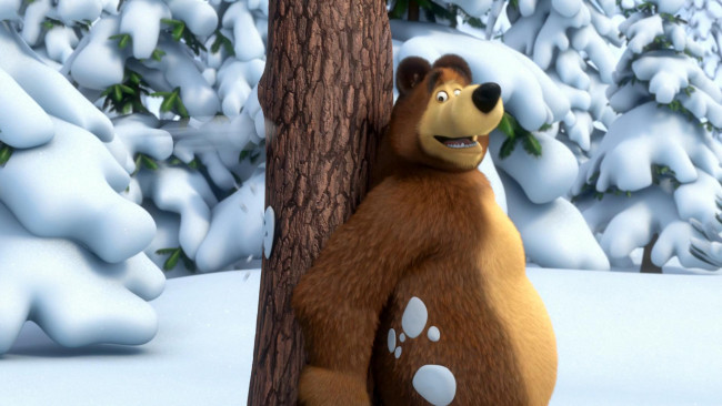 Обои картинки фото мультфильмы, маша, медведь, снег