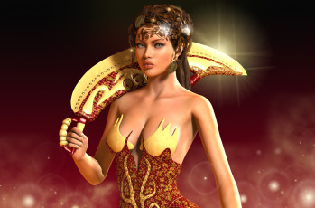Картинка 3д графика amazon амазонки рендеринг девушка принцесса лицо взгляд оружие прическа рука огоньки фон