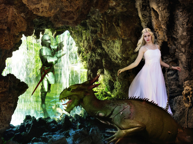 Обои картинки фото фэнтези, красавицы, чудовища, рыцарь, дракон, пещера