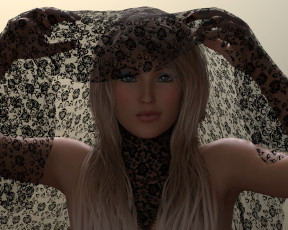 Картинка 3д+графика portraits+ портрет девушка блондинка макияж голубые глаза руки ткань