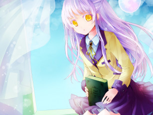 Картинка angel+beats аниме луна занавески окно школьная форма книга сидит tenshi девушка взгляд angel beats myaaco art anime