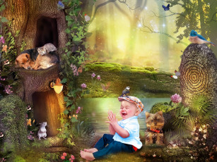 Картинка фэнтези фотоарт лес животные малыш