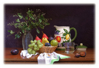 Картинка рисованные живопись картина ваза цветы посуда корзинка фрукты