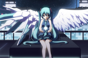 Картинка vocaloid аниме небо вокалоид крылья девушка форма школьница ангел hatsune miku ночь арт yuzuki kei звезды город
