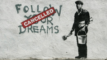 Картинка разное граффити стена banksy рулоны ведро кисть человек рисунок надпись
