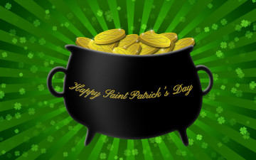 Картинка день+святого+патрика праздничные -+день+святого+патрика клевер листья монеты посуда лучи зеленый