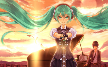 Картинка vocaloid аниме nidy-2d- рояль арт парень наушники солнце волосы закат гитара девушка hatsune miku вокалоид облака небо дома город