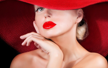 Картинка девушки -unsort+ лица +портреты девушка модель помада макияж взгляд лицо красная шляпа плечи шея рука