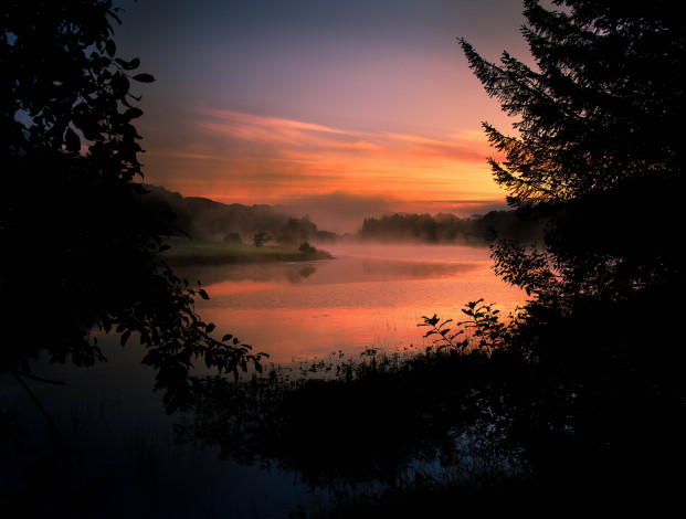 Обои картинки фото природа, восходы, закаты, река, лес, туман, зорька