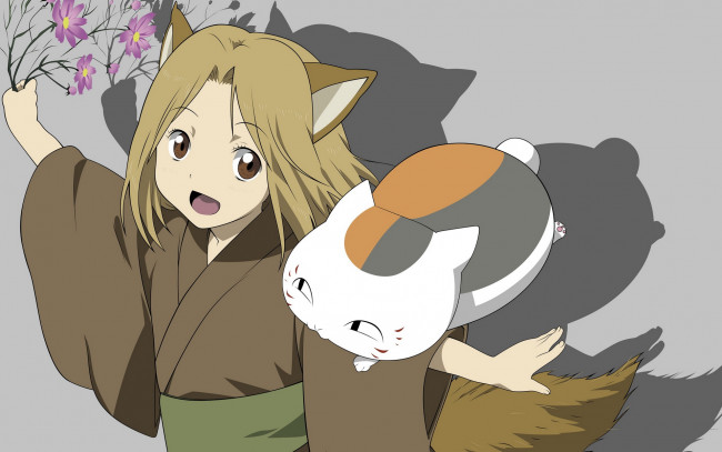 Обои картинки фото аниме, natsume yuujinchou, цветы, кошка, ушки, девушка