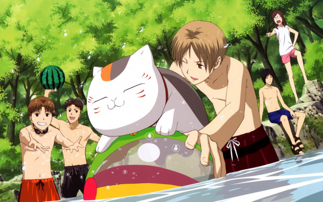 Обои картинки фото аниме, natsume yuujinchou, река, мальчики, кошка, мяч, лес