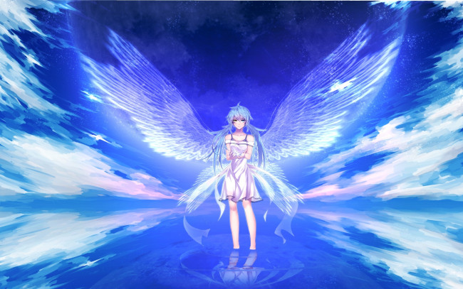 Обои картинки фото vocaloid, аниме, небо, отражение, крылья, девушка, вода, облака, takka, hatsune, miku, вокалоид, aegis9294, арт