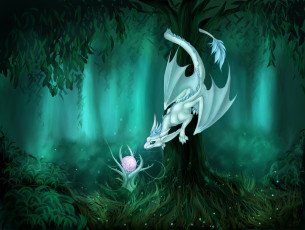 Картинка фэнтези драконы хвост растение дерево фантастика дракон арт лес любопытство взгляд