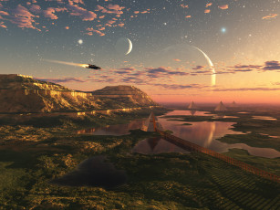 Картинка 3д+графика фантазия+ fantasy горы небо пирамиды озера планеты