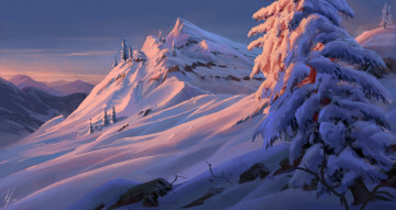 Картинка рисованное природа снег горы деревья