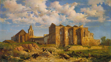 Картинка рисованное живопись люди картина развалины церкви сант-сепулькр рамон марти-и-альсина облака небо пейзаж