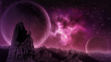 Картинка 3д+графика атмосфера настроение+ atmosphere+ +mood+ pink nebula planet туманность планета скалы горы