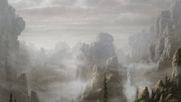 Картинка рисованное природа озеро горы туман водопад пейзаж