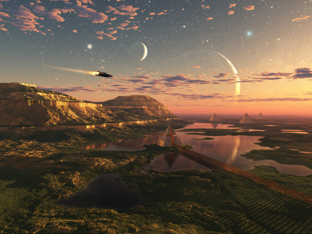 Обои картинки фото 3д графика, фантазия , fantasy, горы, небо, пирамиды, озера, планеты
