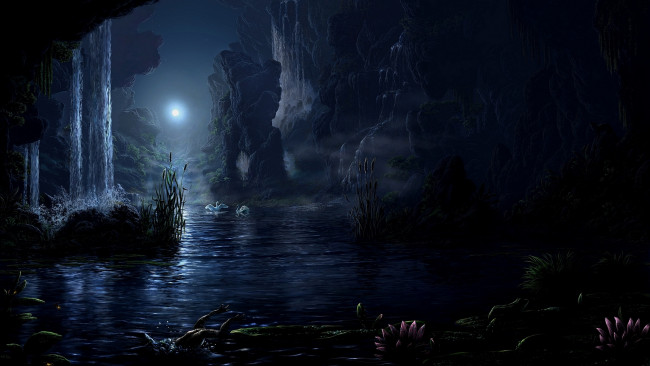 Обои картинки фото рисованное, природа, лебеди, луна, ночь, пейзаж, горы, водопады