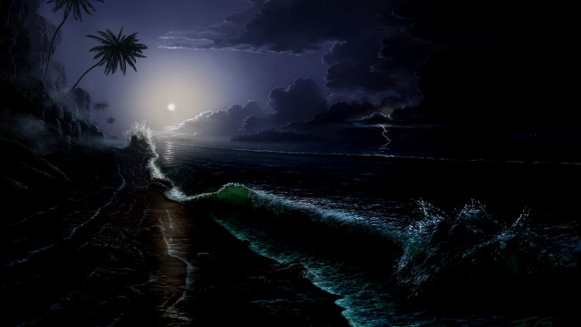 Обои картинки фото рисованное, природа, луна, ночь, пейзаж, берег, волна, море