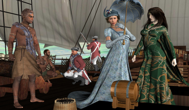Обои картинки фото 3д графика, люди , people, девушки, взгляд, фон, корабль, солдаты, зонтик