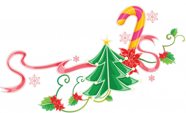 Обои картинки фото праздничные, векторная графика , новый год, цветы, лента, елка, конфета, снежинки
