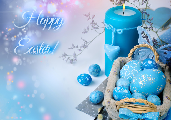 Обои картинки фото праздничные, пасха, голубой, декор, яйца, свеча