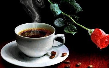 Картинка еда кофе +кофейные+зёрна чашка зерна роза капли